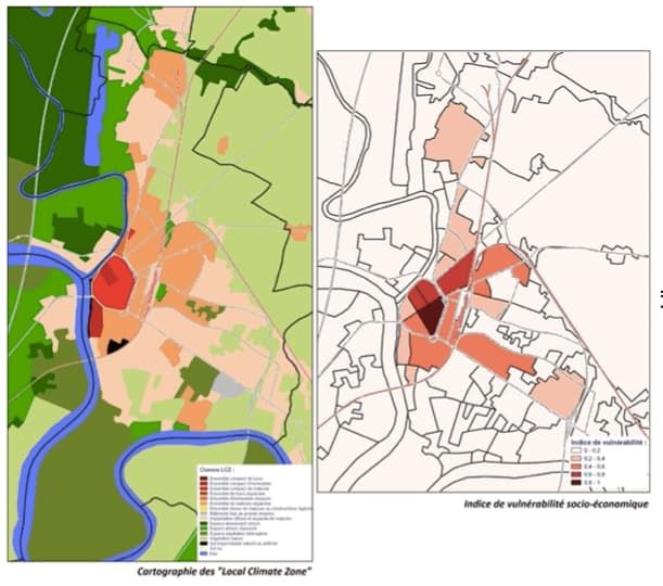 Cartographie LCZ de la ville de Libourne (à gauche), Cartographie représentant la vulnérabilité socio-économique des différents quartiers (à droite) (Cerema, 2021)