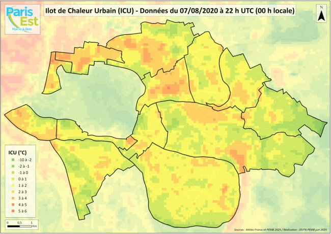 Carte Ilot de Chaleur Urbain (ICU) - Climat actuel, données du 07/08/2020, sources : Météo-France et PEMB 2025