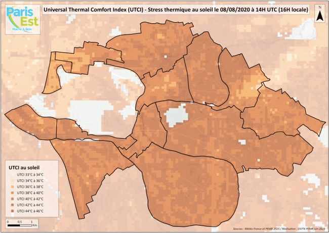 Carte Universal Thermal Comfort Index (UTCI) - Climat actuel, stress thermique au soleil le 08/08/2020, sources : Météo-France et PEMB 2025