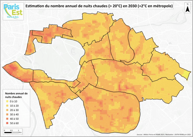 Carte Estimation du nombre annuel de nuits chaudes (>20°C) en 2030 (+2°C en métropole), sources : Météo-France et PEMB 2025