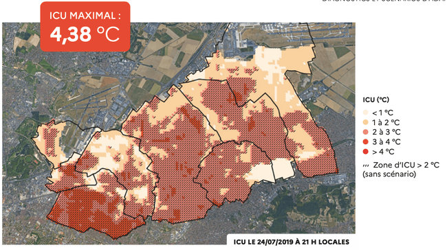 Carte du phénomène d'ICU sur le territoire de Paris Terres d'Envol le 24/07/2019, sources : Météo-France (2025)